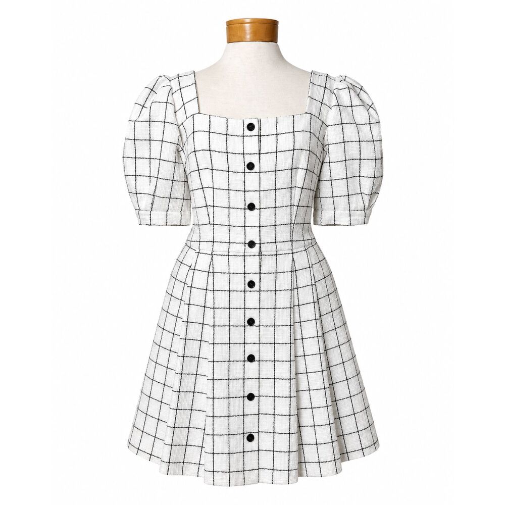 Gal Meets Glam Dawn Navy White Tweed Windowpane Mini Dress Size 12 Puff Sleeve